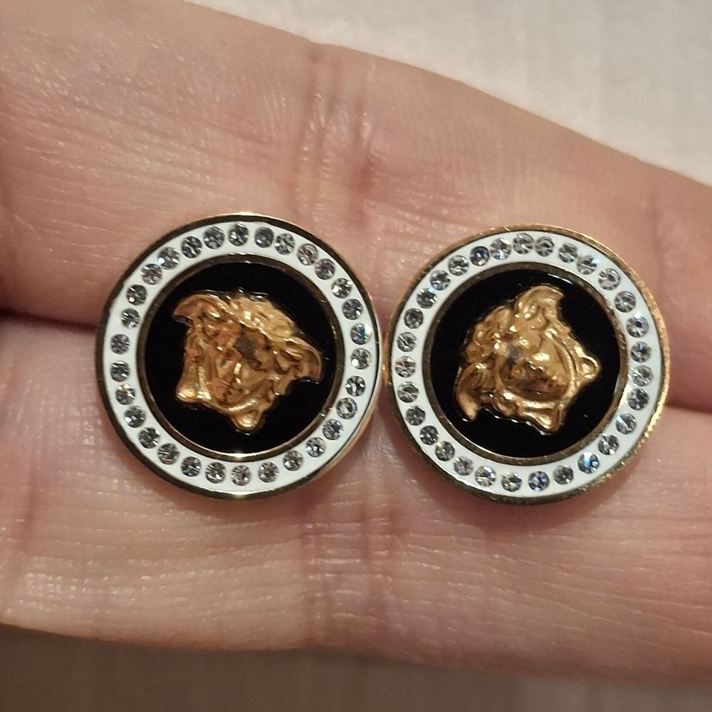 Gold Medusa Accent Black Round Earrings with Crystal Halo